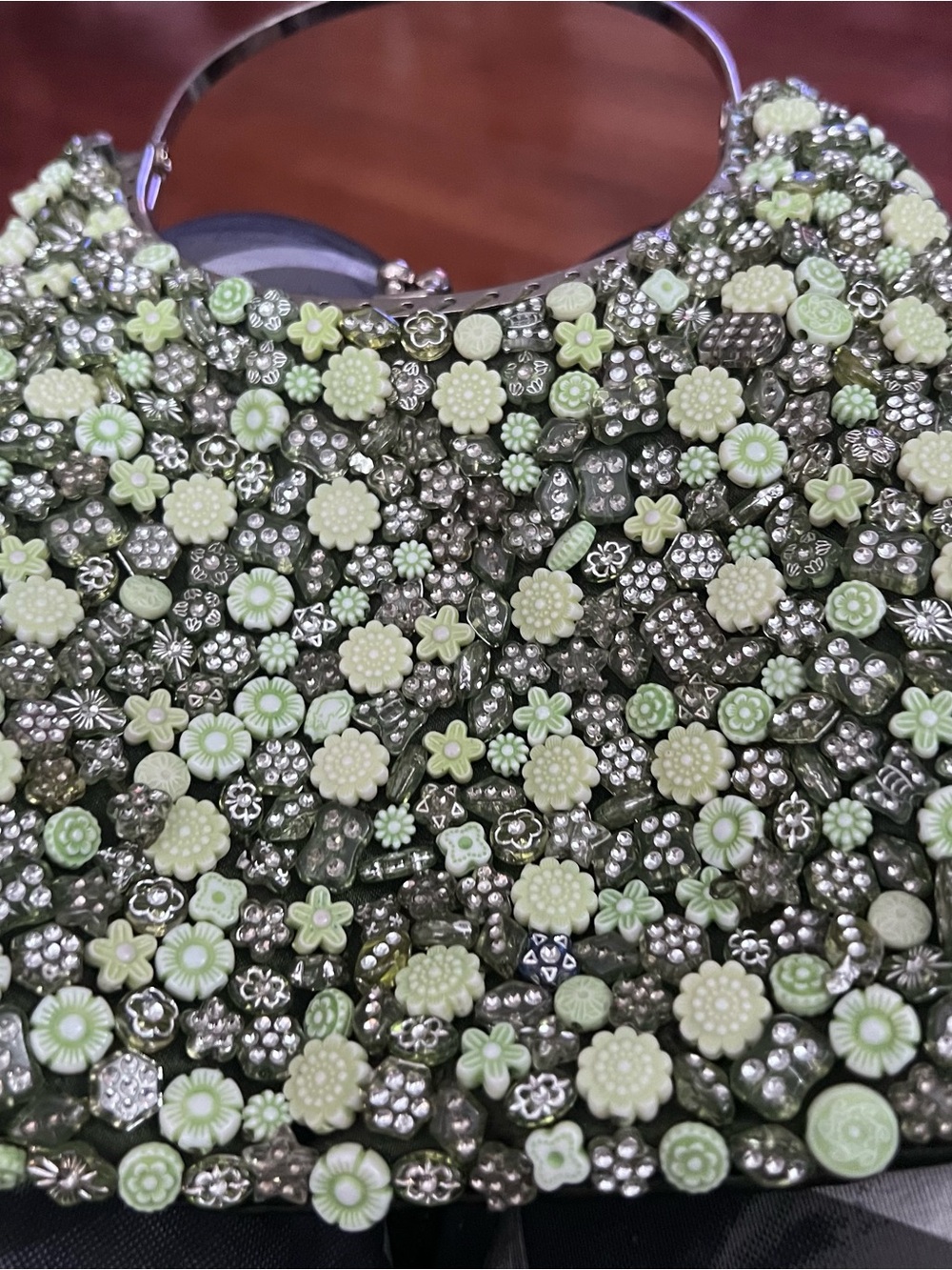 Beaded Floral Evening Bag in Pale Green and Silver and Brown one.